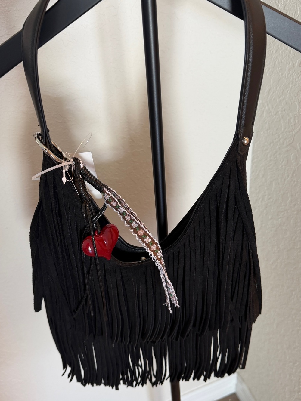 Black Fringe Suede look Shoulder Bag with Pearl Charm - NYC Madden - Picture 2 of 2